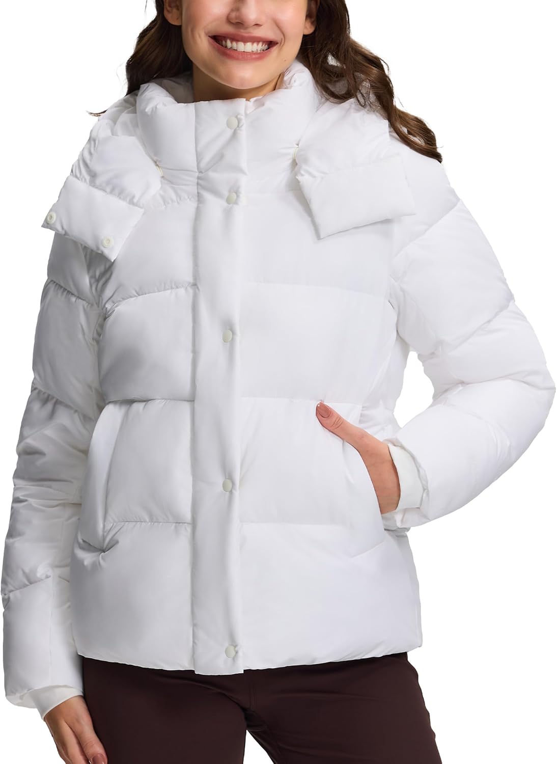 Women's Winter Jacket, Warm Quilted Jacket, Windproof & Water-Repellent Jacket with Removable Hood & Adjustable Waist, Lightweight & Warming for Skiing, Hiking, Camping