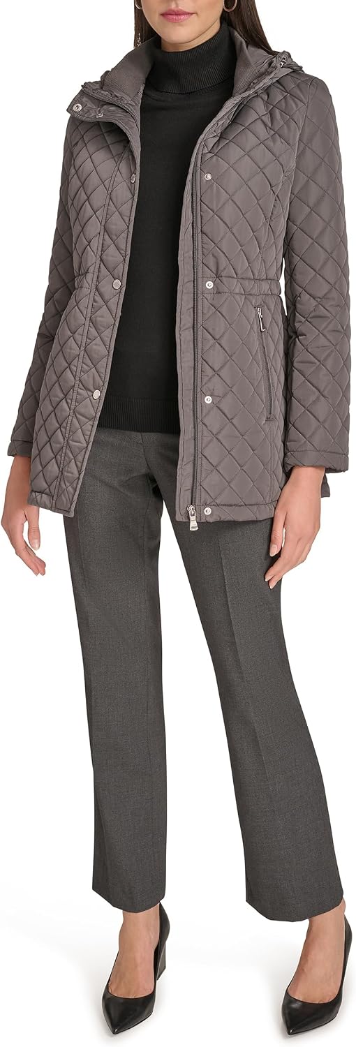 Women's Hooded Quilted Jacket – Classic Diamond Stitch Long Coat with Pockets - Image 2
