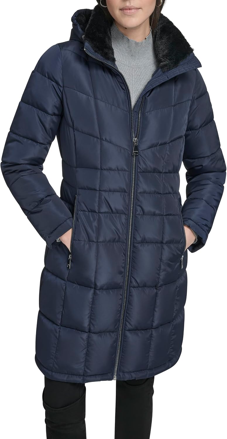 Women's Full Length Puffer Coat – Hooded Quilted Winter Jacket with Zip Up Front