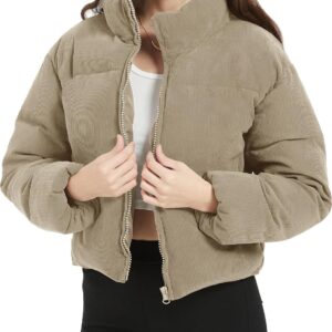 Womens Cropped Corduroy Puffer Jacket Winter Jackets Warm Long Sleeve Zip Quilted Down Puffer coat
