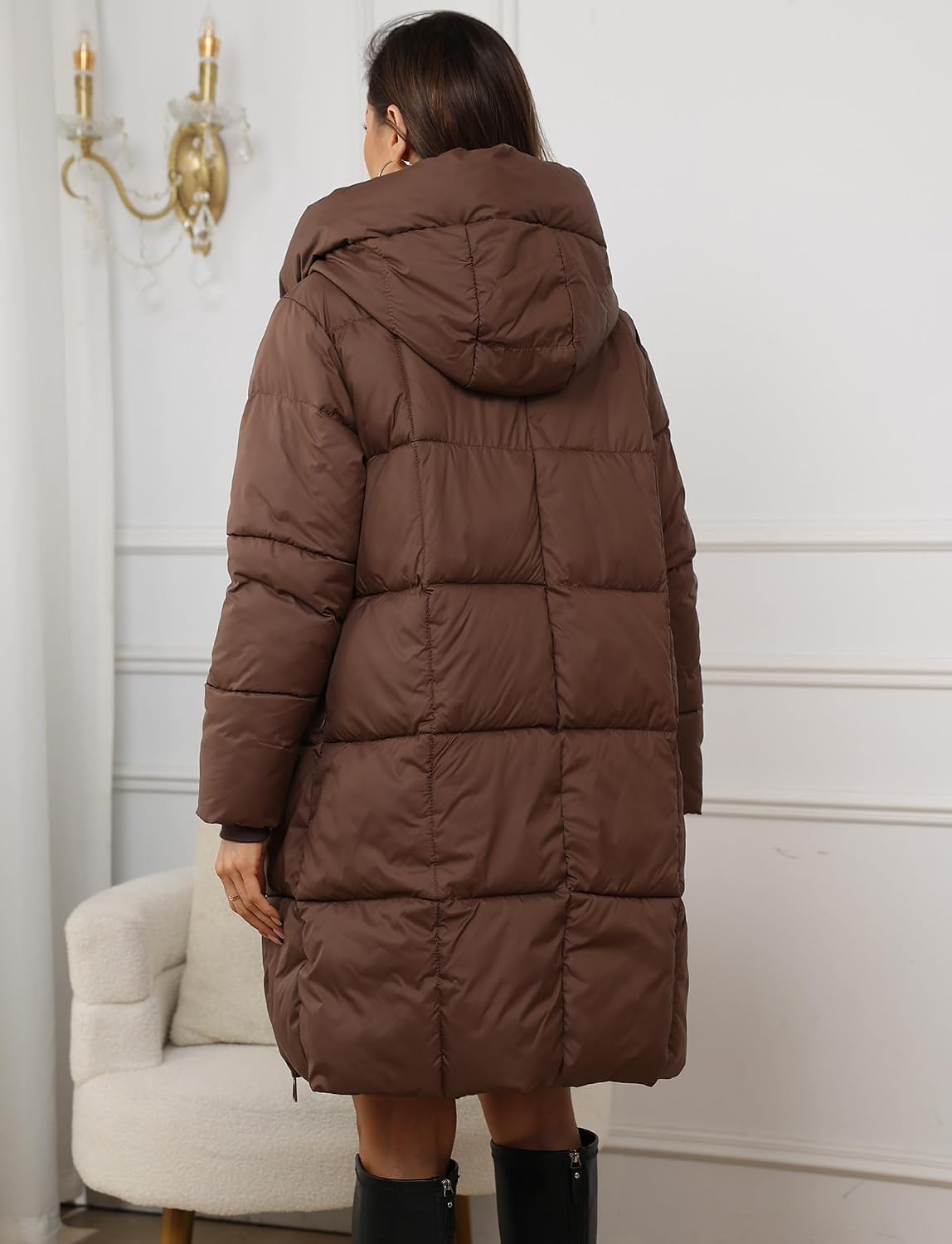 Long Down Jacket with Hood Women Winter Zip Warm Down Jacket Quilted Parka Long Casual XS-XXL, brown, 3X-Large - Image 2