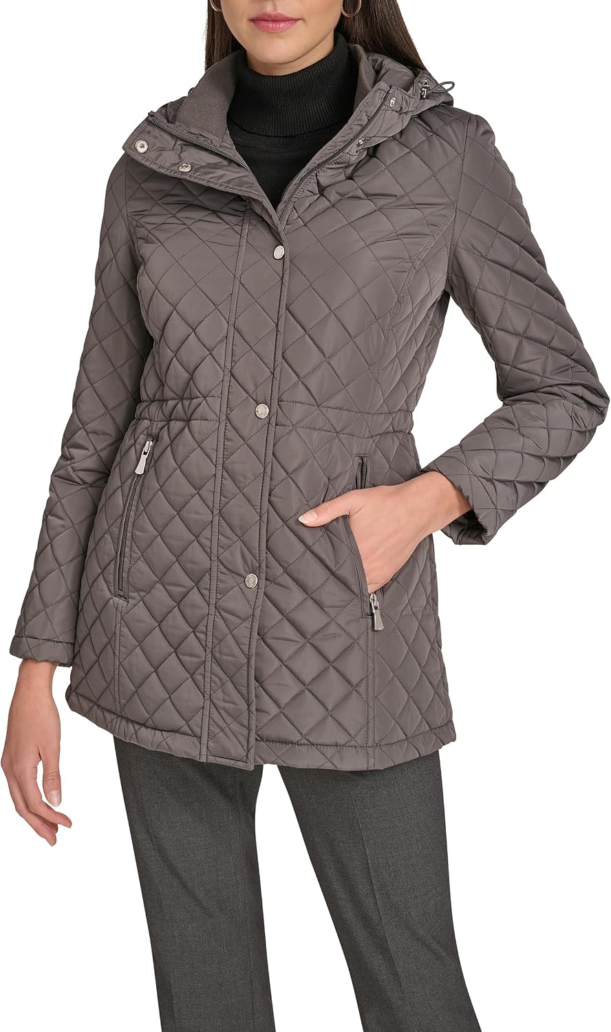Women's Hooded Quilted Jacket – Classic Diamond Stitch Long Coat with Pockets